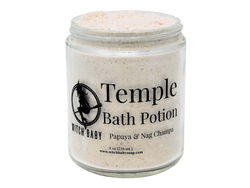 off white bath potion in 8 oz glass jar with clear label that reads : Temple Bath Potion. Papaya & Nag Champa.