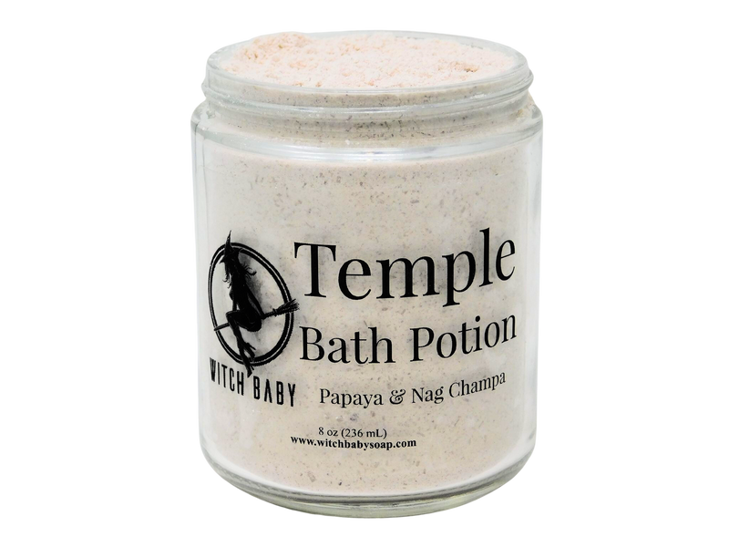 off white bath potion in 8 oz glass jar with clear label that reads : Temple Bath Potion. Papaya & Nag Champa.